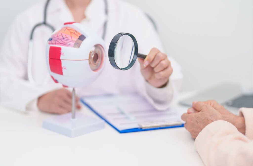 An eye doctor using a magnifying glass to point to an anatomical model of the human eye while explaining vision conditions to a patient.