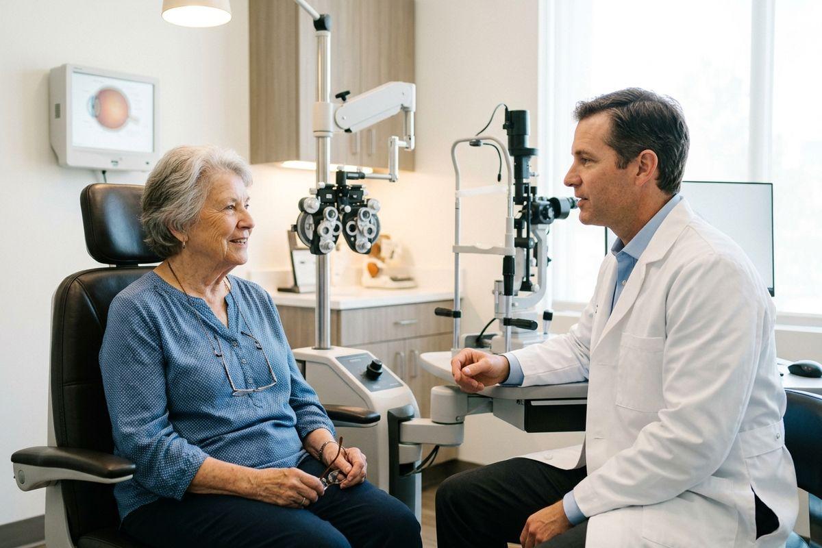 A senior is consulting with an eye doctor about cataract care.