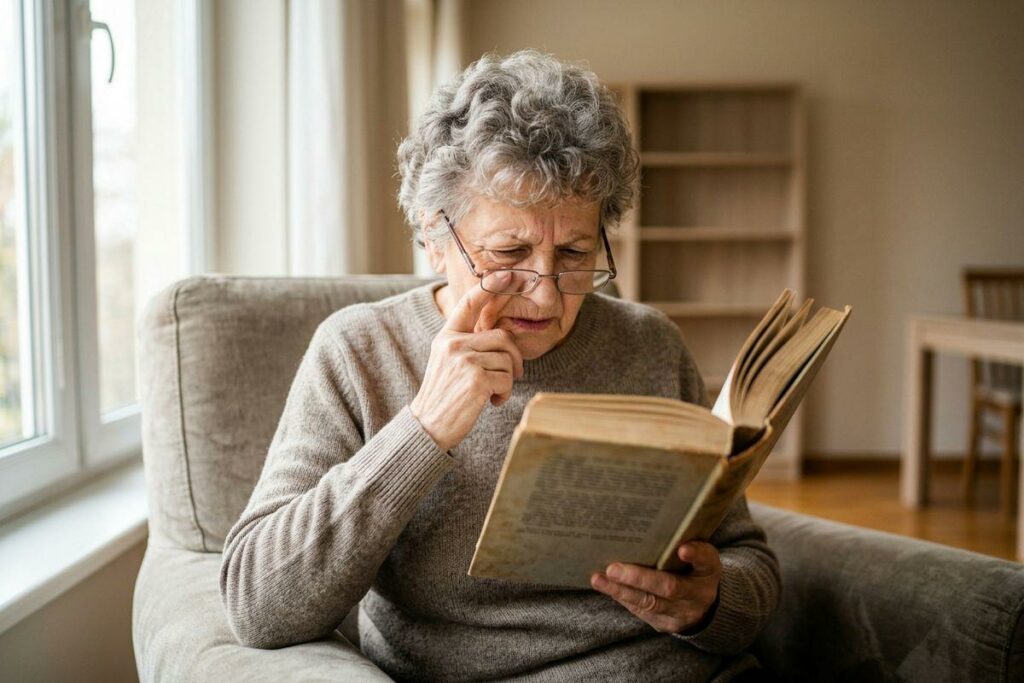 A senior is struggling with reading a book because of cataracts.