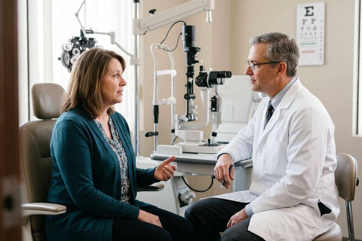 An adult patient talks with a focused optometrist in an eye exam room.