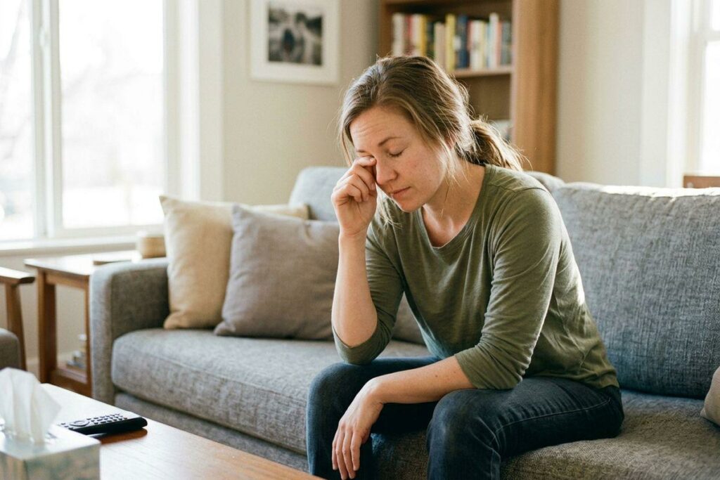 An adult sitting on a living room sofa, rubbing their eye with a tired expression.