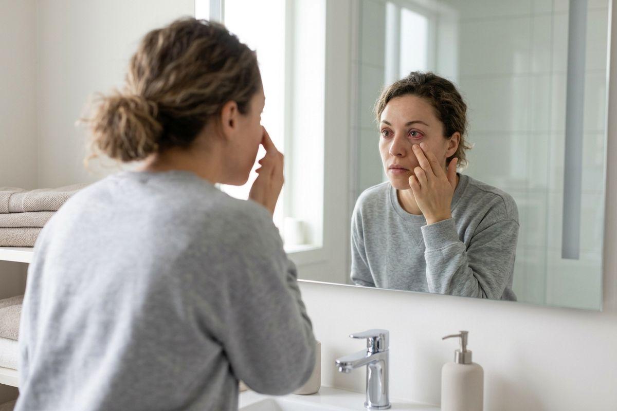 A concerned adult in a bathroom looks into a mirror, using a finger to pull down the skin below their left eye, which is visibly red.