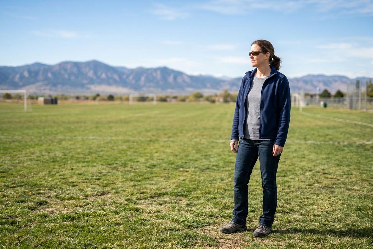 A person in sunglasses and navy fleece jacket standing on a grassy sports field with soccer goals and mountains in the distance.