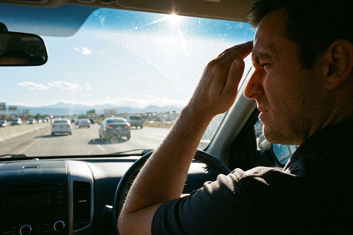 Adult driving on a highway, shielding eyes with one hand against bright sunlight coming through the windshield, squinting.
