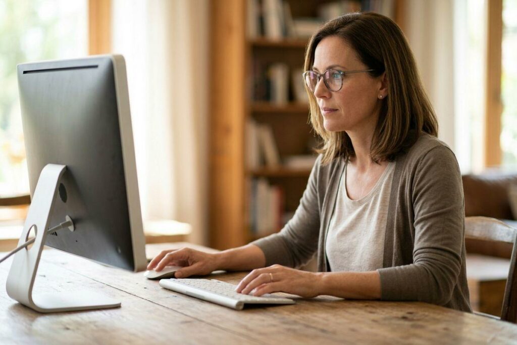 Adult with glasses using a desktop computer at a wooden table at home, looking focused, with a bookshelf in the background.