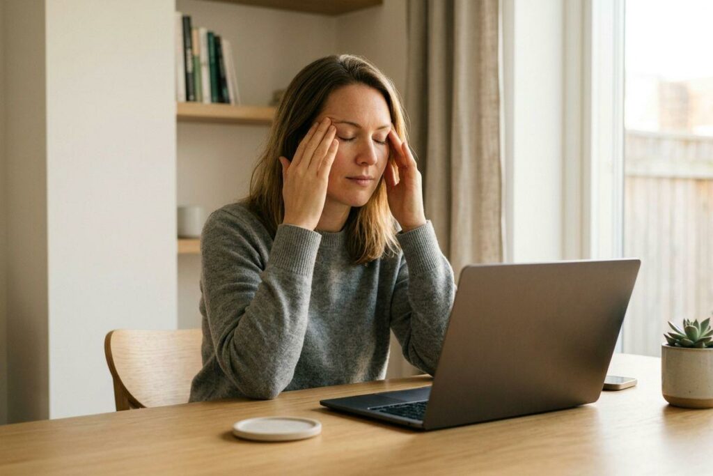 Person in a gray sweater sitting at a wooden table with a laptop, eyes closed, pressing fingertips to both temples.