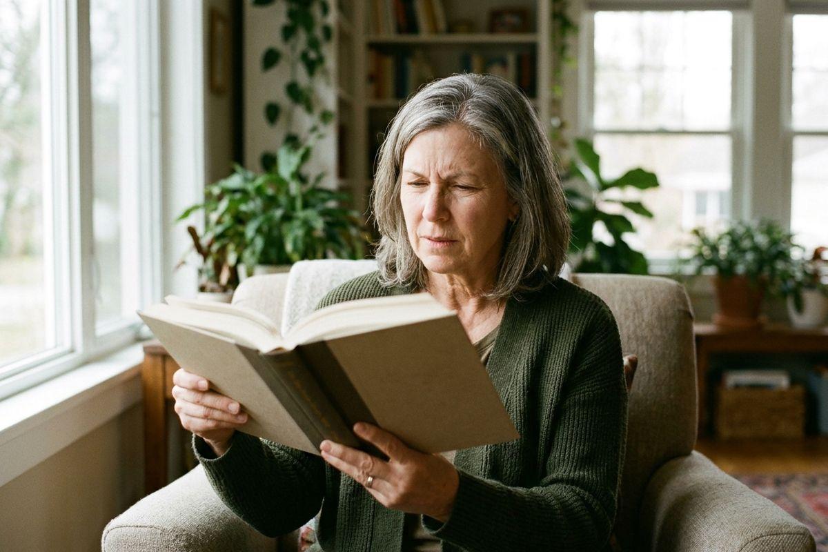 Gray-haired adult squints while reading an open book in an armchair beside bright windows, with houseplants and bookshelves behind.