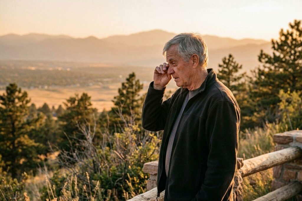 Older adult rubbing one eye at a scenic overlook with a log railing, pine trees, and hazy mountains at sunset